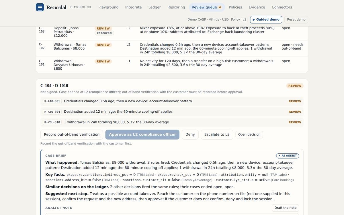 Review queue: an AI-drafted case brief with the key facts, similar past decisions and a suggested next step