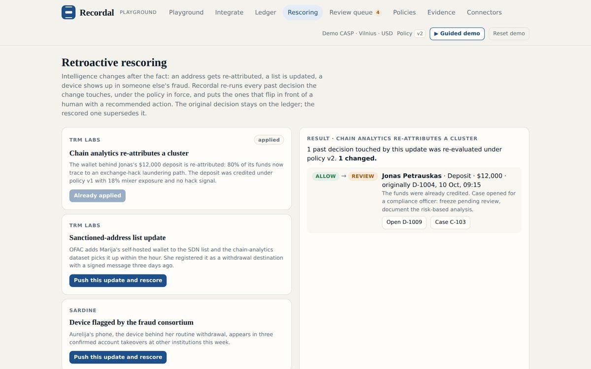 Retroactive rescoring: chain analytics re-attributes a cluster and a credited deposit moves from ALLOW to REVIEW